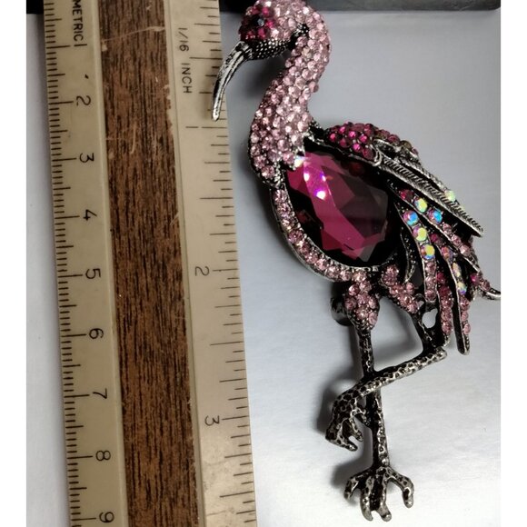 Pink Flamingo Rhinestone Brooch Statement Pin Large Tropical Beachy Tiki - Picture 2 of 3